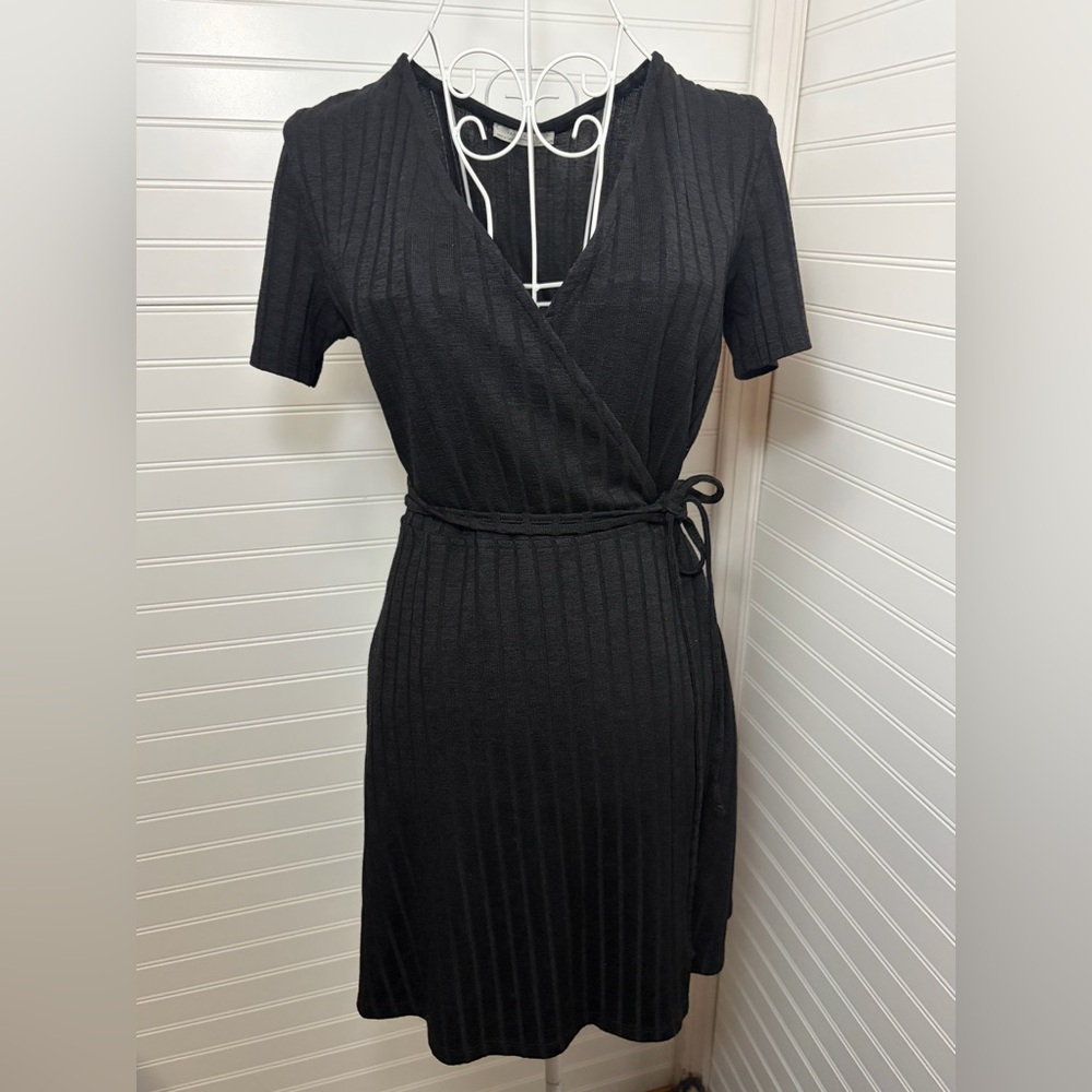 Zara Black Wrap-Style Ribbed Knit Dress